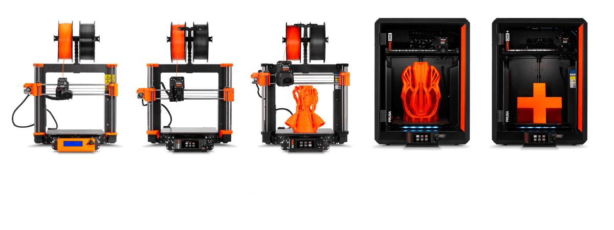 Évolution des imprimantes 3D de la MK3S à la CORE One+ illustrant la philosophie de conception évolutive